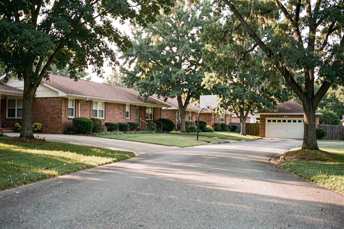 A quiet suburban street of 1970s brick ranch houses with mature trees and a basketball hoop over a garage.