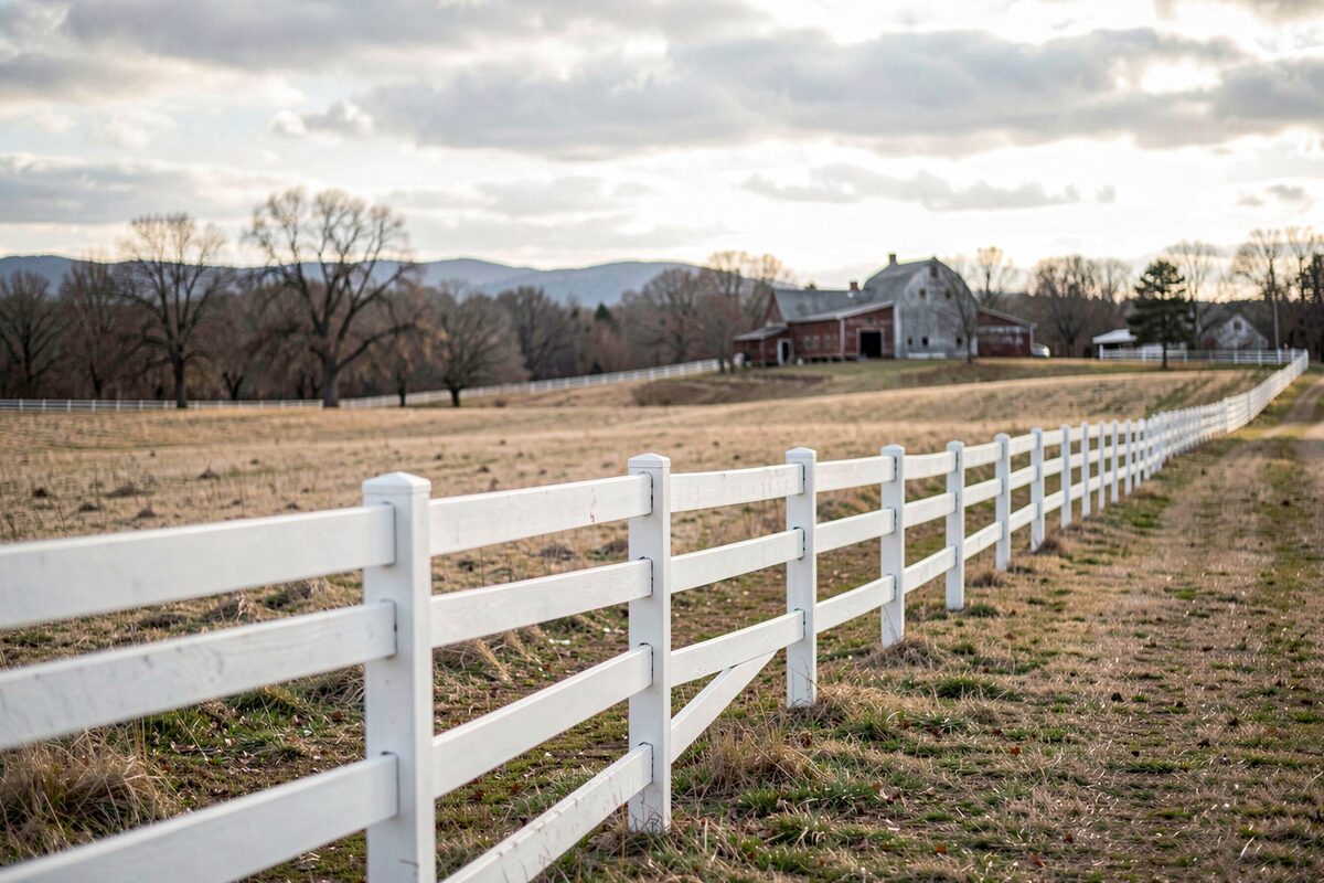 White board fencing along a rolling pasture with a barn in the distance under a Georgia winter sky.