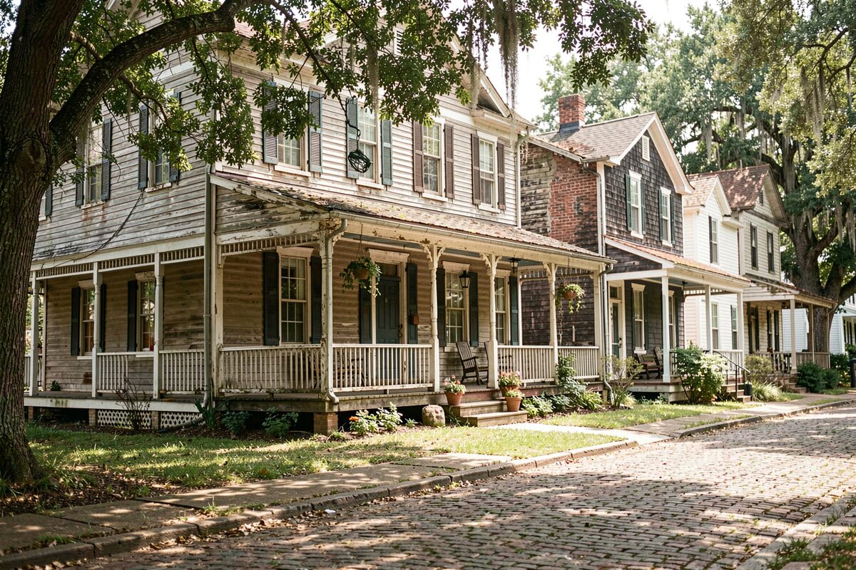 A row of restored mill-era cottages with front porches on a shaded Roswell street near Canton Street.