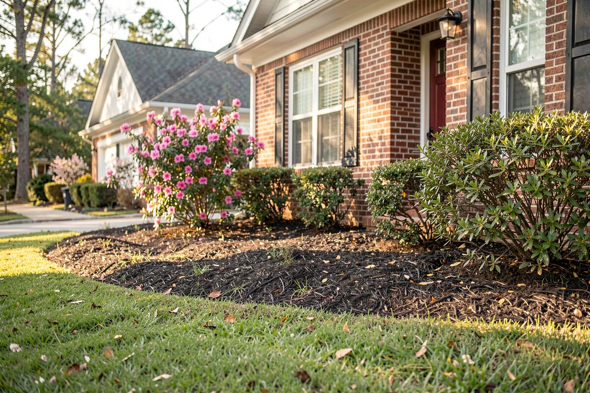 A front lawn with fresh mulch and blooming azaleas beside a just-listed home in a Georgia subdivision.