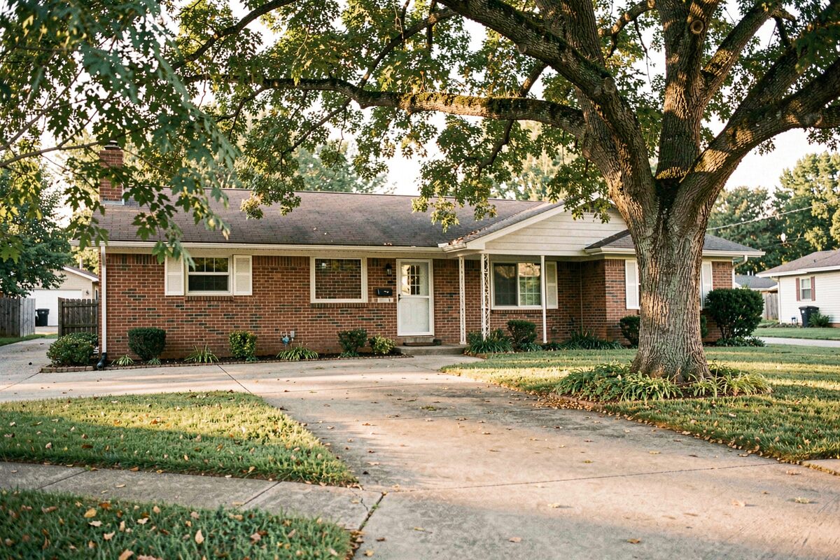 A modest brick ranch house with a concrete driveway and a mature oak in a 1970s Alpharetta subdivision, late afternoon light.