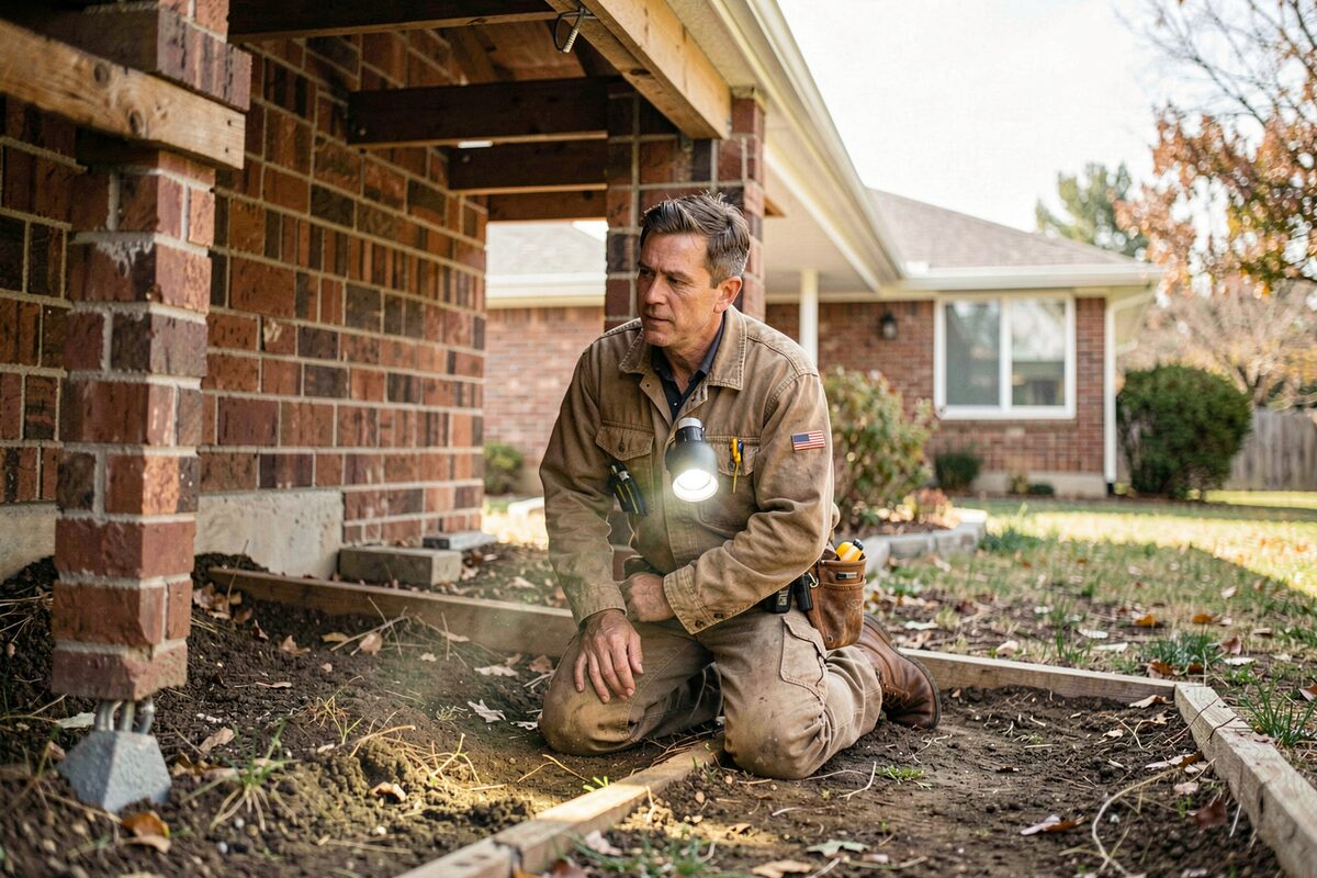 A home inspector in work clothes kneeling in a crawl space with a flashlight under a brick ranch house.