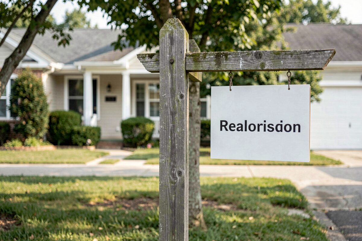 A real-estate brochure box hanging empty beside a weathered for-sale sign in a suburban front yard.